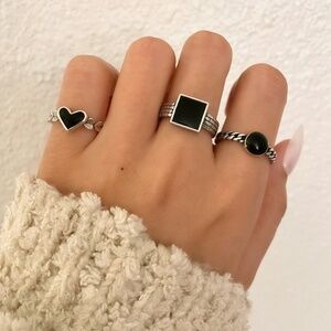 925 Sterling Silver Geometric Black Ring Heart Square Circle Ring Dainty Ring